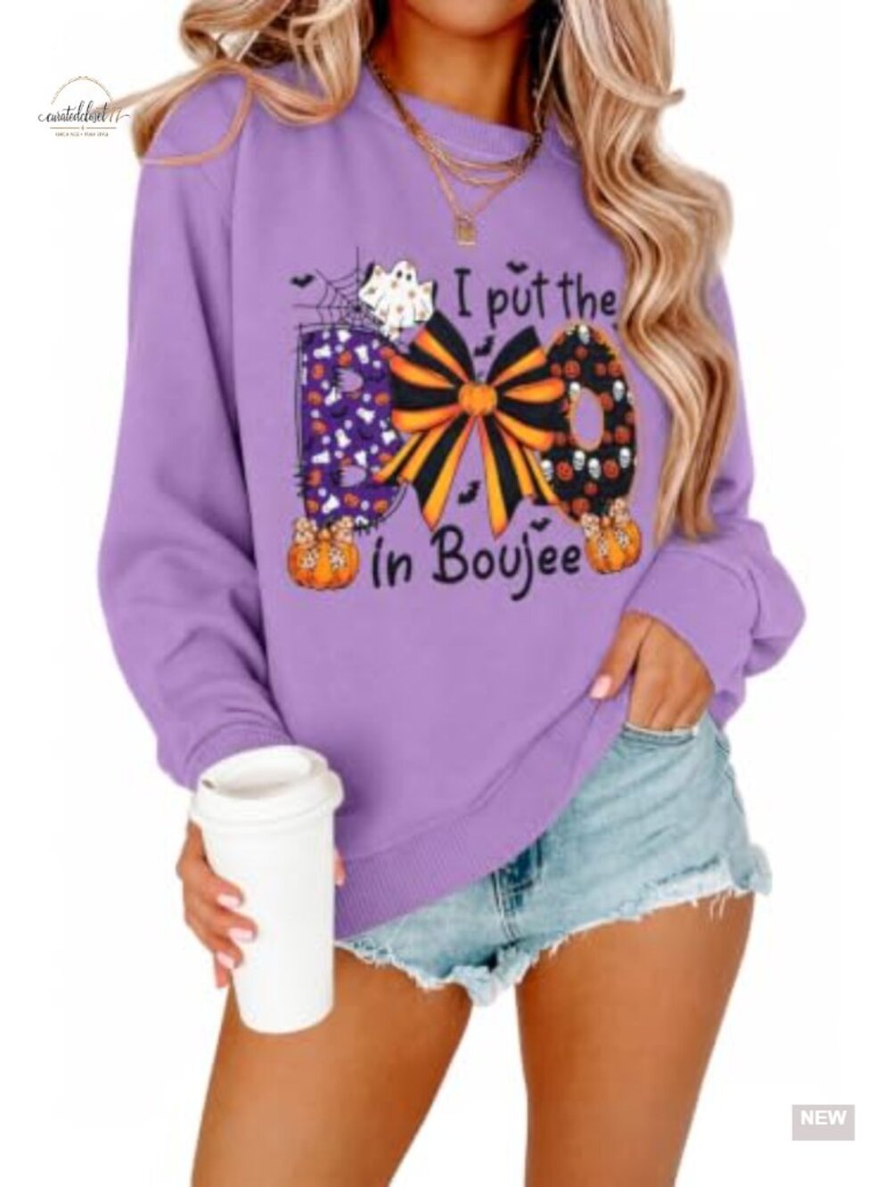Women's Spooky Ghost Cats Embroidered Sweatshirt Crew Neck Pullover